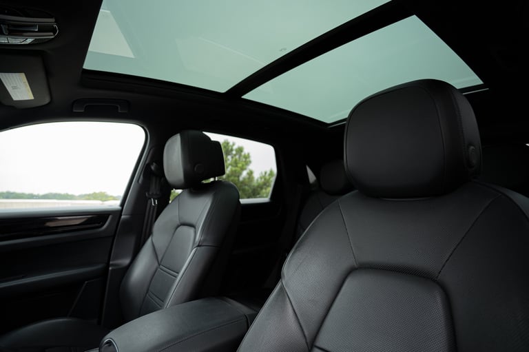 Interior view of vehicle with black leather seats, panoramic sunroof, and side windows showing countryside landscape