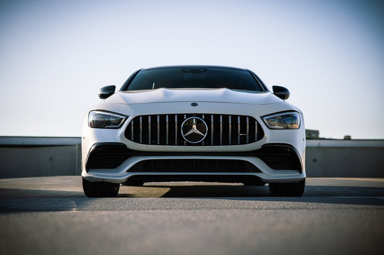 White Mercedes-AMG sports car front view